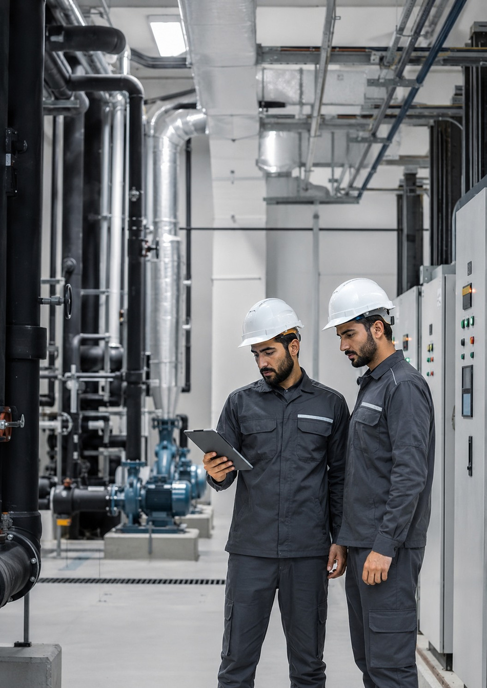 UTAH technicians reviewing equipment in a plant room