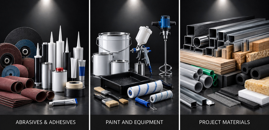 Abrasives, adhesives, paints and project materials